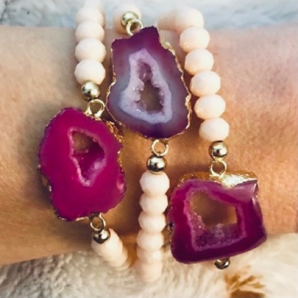 Geode Druzy Crystal Bracelet Set Stretch Pink Os 29$